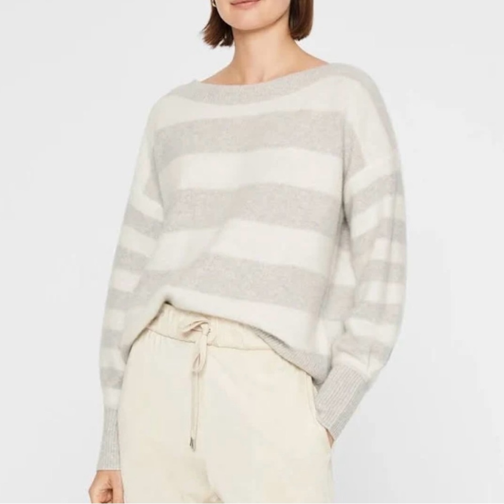 Club Monaco Striped Boiled Boatneck 100% Cashmere Sweater Gray White Size S